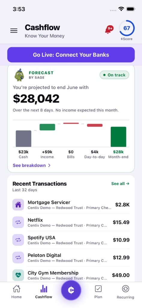 Centiv Cashflow screen