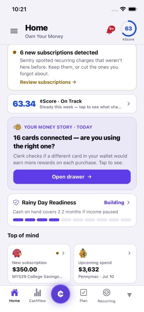Centiv home screen with the user's financial picture and AI advisor insights