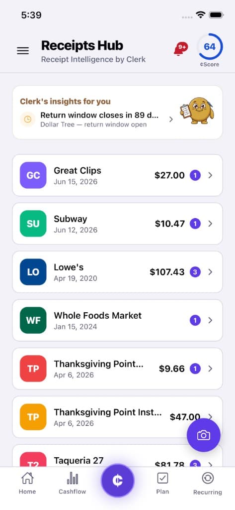 Centiv Receipts Hub screen